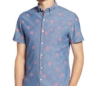 Slim Fit Floral Short Sleeve Button-Down Chambray Shirt BONOBOS